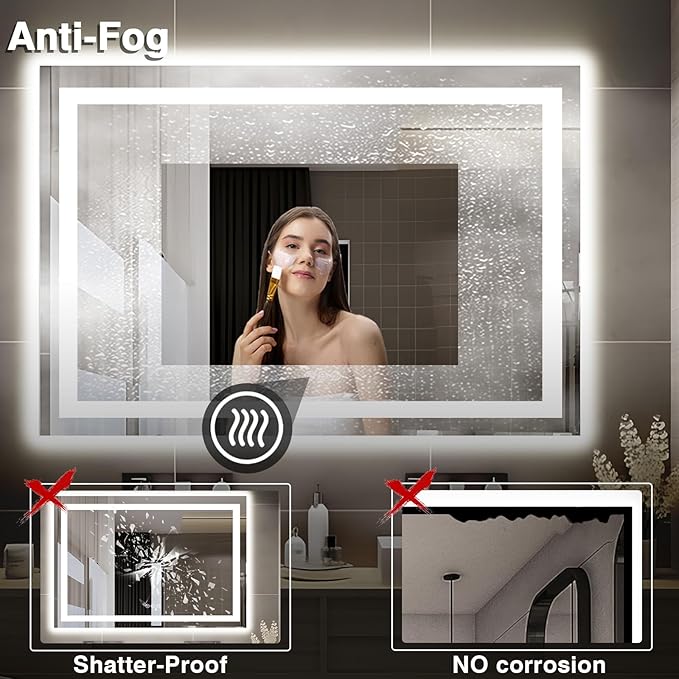 51"x40" Bathroom Light up Mirror, Double Bright Lights Mirror, Anti-Fog Vanity Mirror with Lights, Stepless Dimmable Illuminated, Touch Control, Waterproof (Horizontal/Vertical)