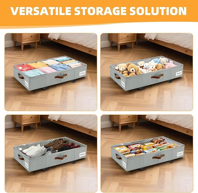 4 Pack Under Bed Storage– 30.5×17×6.5 Inch, Underbed Storage with Wheels Sturdy Sidewalls/Bottom, Clear Cover, Label and PU Handle, Rolling Under Bed Drawers for Clothes, Shoes, Toys, Blankets,Grey