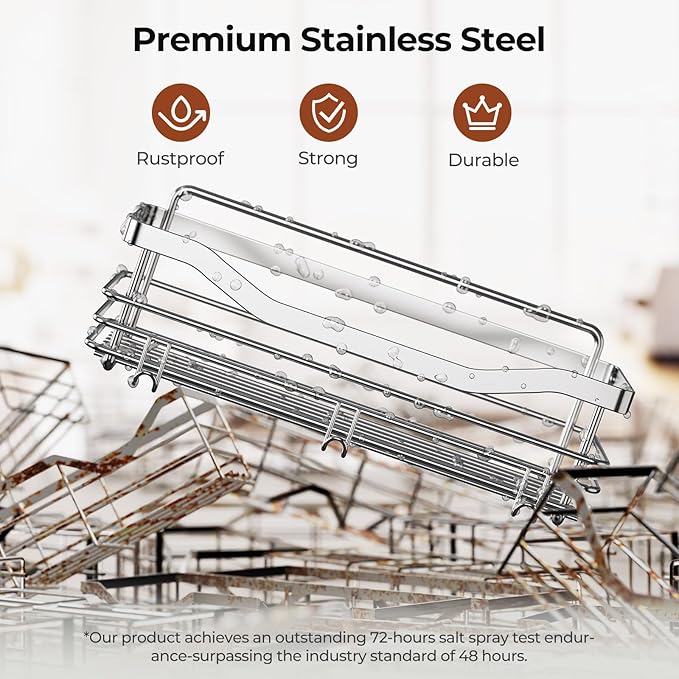 Orimade Shower Caddy Basket Shelf with 5 Hooks Adhesive Organizer Storage Rack Rustproof Wall Mounted Stainless Steel No Drilling for Bathroom, Toilet, Kitchen - 2 Pack