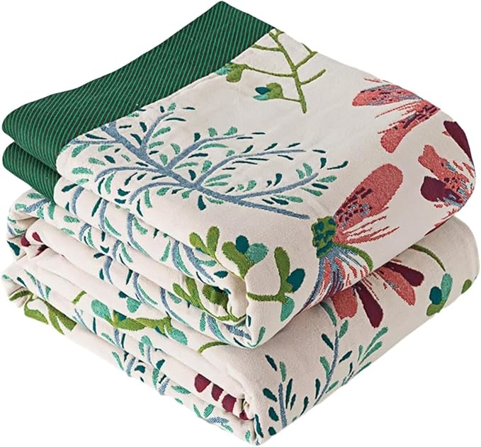 Boho Throw Blanket for Bed 100% Cotton Bohemian Blankets Ultra Soft Woven Muslin Decorative Blankets All Seasons Vintage Quilt Knitted Blanket for Sofa Chair(Green, 50"x60")