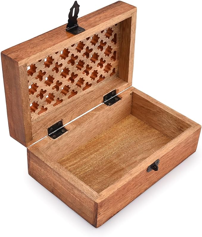 Mango Wood Decorative Wooden Box with Hinged Lid Wooden Storage Box, Decorative Bo xes With Lids (8" x 5" x 3")