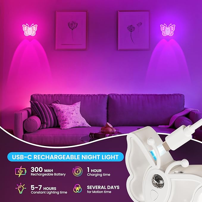 LOFTEK Butterfly Night Light, Rechargeable Motion Sensor Night Lights, 2 Color Modes & Dimmable RGB Nightlight, Stick on Wall, Bedside, Bathroom, Hallway, Stairs, Cabinet (Pink, 1 Pack)