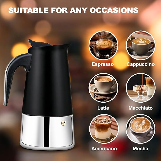 6 Cup Stovetop Espresso Maker Stainless Steel Moka Pot Stove Top Percolator Italian Coffee Makers Capable Mocha Greca Machine Cafe Classic Induction Cookers for Home and Camping 300ml 10oz