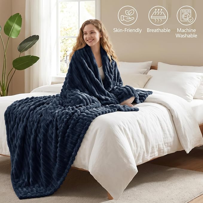 Navy Blue Throw Blanket for Couch & Bed, 50 x 60 Inch | 300GSM Ribbed Fleece Blanket, Soft, Cozy & Lightweight, OEKO-TEX Certified, All-Season Use for Travel, Dorm & Home Decor