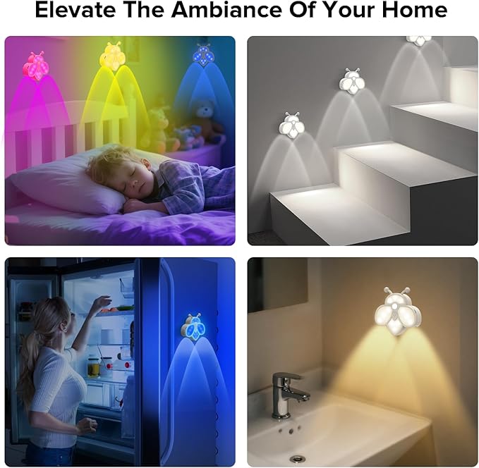 Motion Sensor Stair Lights Indoor - Rechargeable Dimmable RGBW & Warm White Night Light, Magnetic Mount Motion Activated Battery Lamp for Step Hallway Bathroom Cabinet Closet(Yellow, 4 Pack)