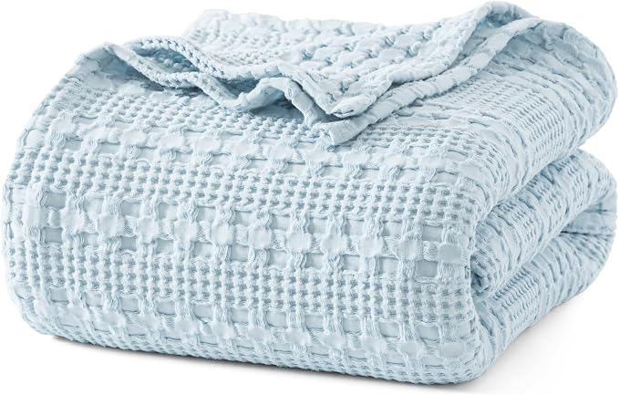 PHF 100% Cotton Waffle Weave Blanket King Size, Lightweight Breathable Summer Blanket for Hot Sleepers, Pre-Washed Soft Layer for Bed, Couch, Home Decor Gift, 108"x90", Sky Blue
