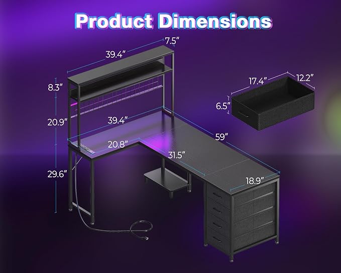AODK L Shaped Desk Gaming Desk with LED Light & Power Outlet | 59 Inch Black Reversible L Shaped Computer Table with 4 Drawers for Home Office