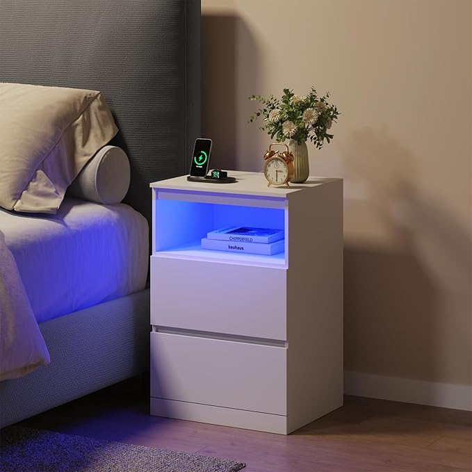Nightstand Set of 2 with LED Lights, 26" H with Hidden Drawer, Bedside Table with Charging Station, 3 Drawers, Modern Night Stand for Bedroom, White