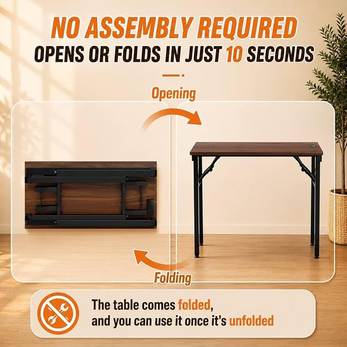 Folding Table Computer Desk - 35.8" No Assembly Folding Desk with Power Outlets & USB Charging Port, Small Desk, Foldable Office Desk, Compact Storage Portable Use for Small Space, Dark Walnut