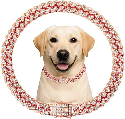 Cuban Link Cat Collar Rose Glod Crystal Dog Necklace Metal Chain Collar with Design Secure Buckle Pet Collar Jewelry Accessories for Small Medium Large Dogs Cats(Rose Glod 10inch)