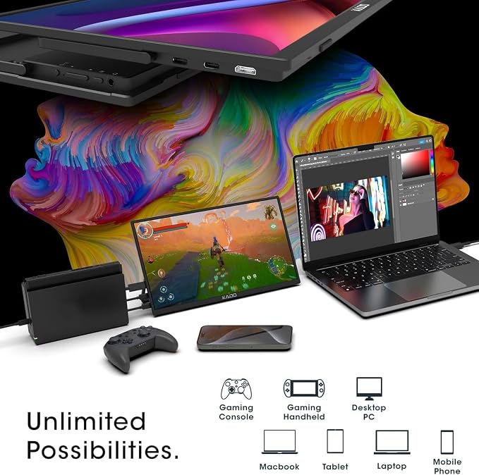 Kado 15.6-Inch 75Hz Portable Monitor, FHD 1080p USB-C mini-HDMI IPS Display | 45W Reverse Charging Gaming Monitor Built-in Speakers, Second Display Kickstand for Laptop PC Phone Mac Xbox PS4/PS5 Switch