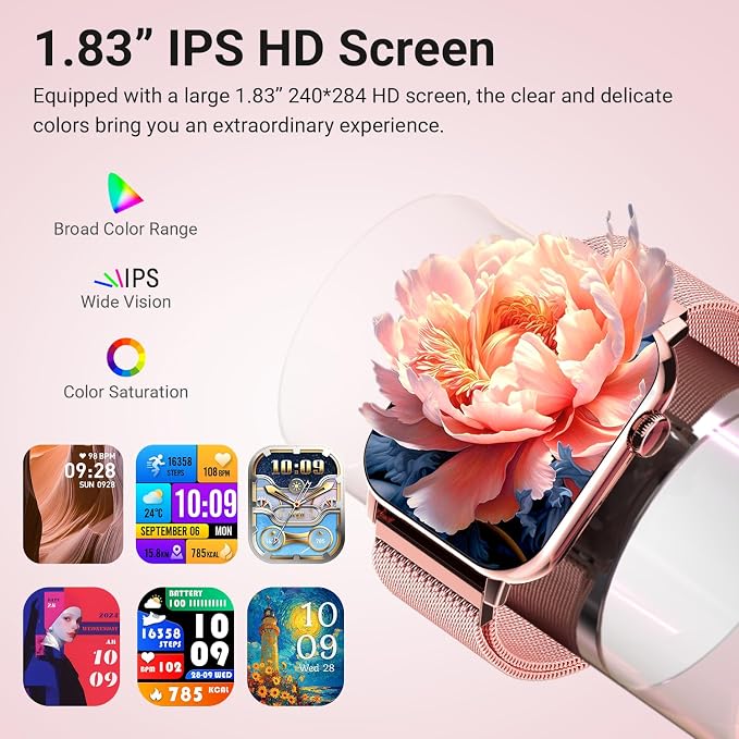 Trendia Smart Watches for Women - 1.83'' HD 2026 Fitness Tracker with Answer and Make Calls with Heart Rate Sleep SpO2 Monitor 120+ Sport Modes IP68 Waterproof and Compatible iPhone and Android Pink