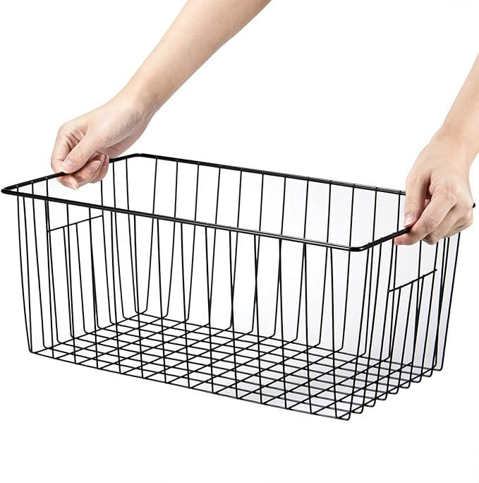 16inch Freezer Storage Organizer Baskets, Refrigerator Metal Wire Basket Bins with Handles for Kitchen, Pantry, Cabinet, Closets(Black, 3Pack)