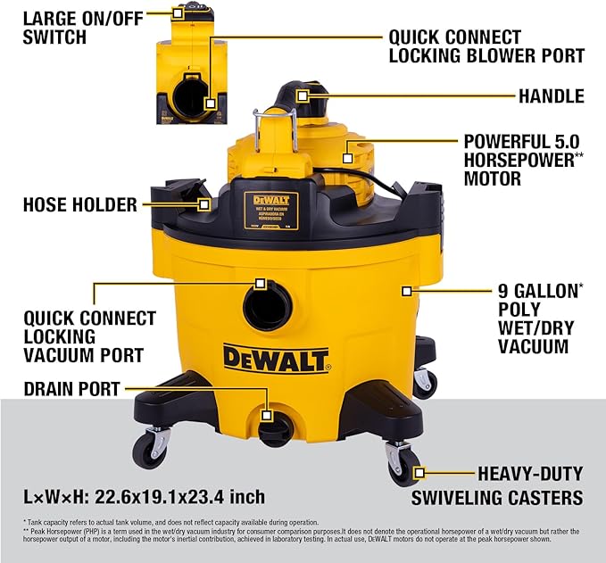 DEWALT Shop Vacuum Wet and Dry, 9 Gal 5 HP Shop Vac with Detachable Blower, Complete Full Set of Accessories & Storage Bag Design, Wet Dry Vacuum Cleaner for Garage Workshop Lawn Yard Patio, DXV209PC