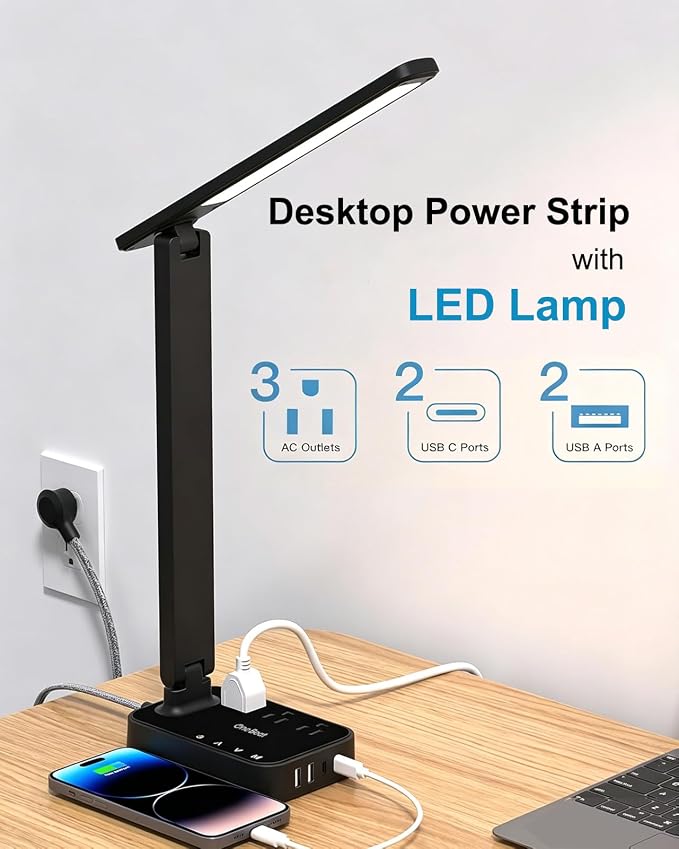 LED Desk Lamp Power Strip with 4 USB 3 Outlets, Dorm Room Essentials, Black | One Beat 4 Modes 5 Level Brightness Touch Lamp, Small Desk Lamp for Home Office College Dorm Essentials, Study Reading Light