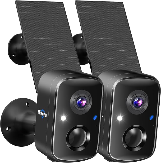 Hiseeu Security Cameras Wireless Outdoor, 2pcs Solar Powered 3K 4MP Surveillance WiFi Cameras for Home Security Outside, PIR/AI Motion Detection, Waterproof, Color Night Vision, 2-Way Audio, Black
