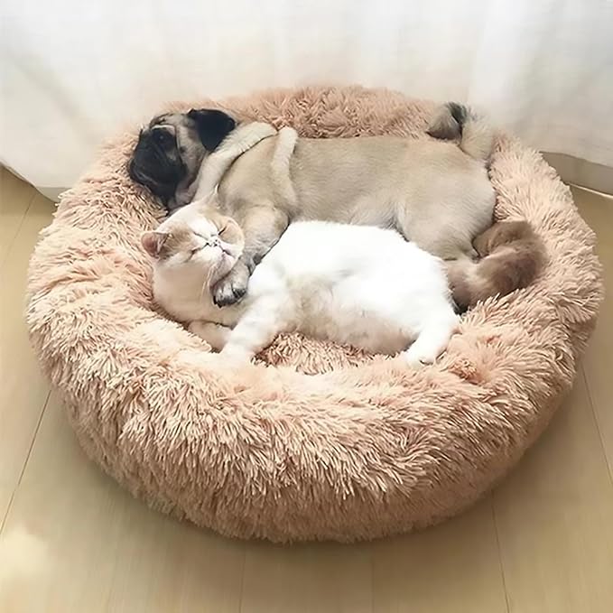 Calming Dog Bed for Small Dogs, Calming Donut Cuddler Pet Bed Anti Anxiety Round Dog Bed Fluffy Plush Faux Fur Cat Bed,Colorful Pink,15.7IN