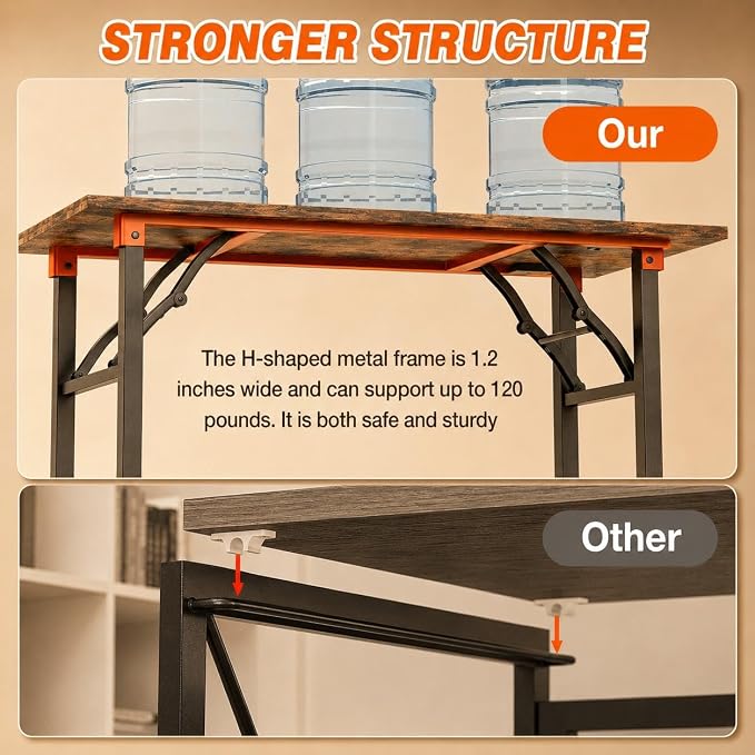 Folding Table Computer Desk - 55.1" No Assembly Folding Desk with Power Outlets & USB Charging Port, Small Desk, Foldable Office Desk, Compact Storage Portable Use for Small Space, Rustic Brown