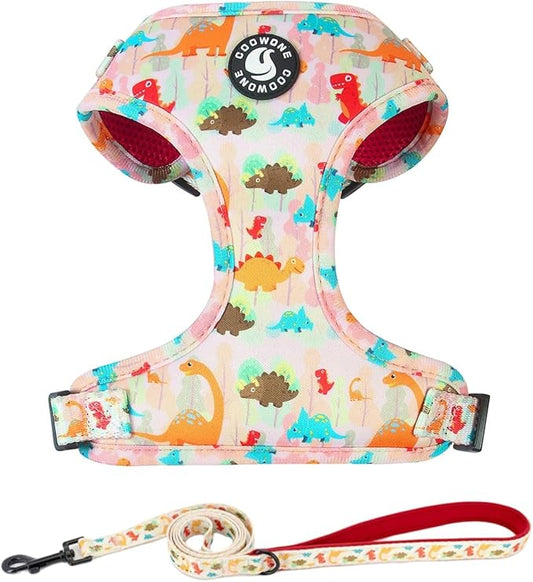 Adjustable Dog Harness and Leash Set for Girl Air Mesh Dog Vest Harness 5Ft Pet Training Leash with Soft Handle Pet Escape Proof for Small Medium Large Dogs (Dinosaur, XS)