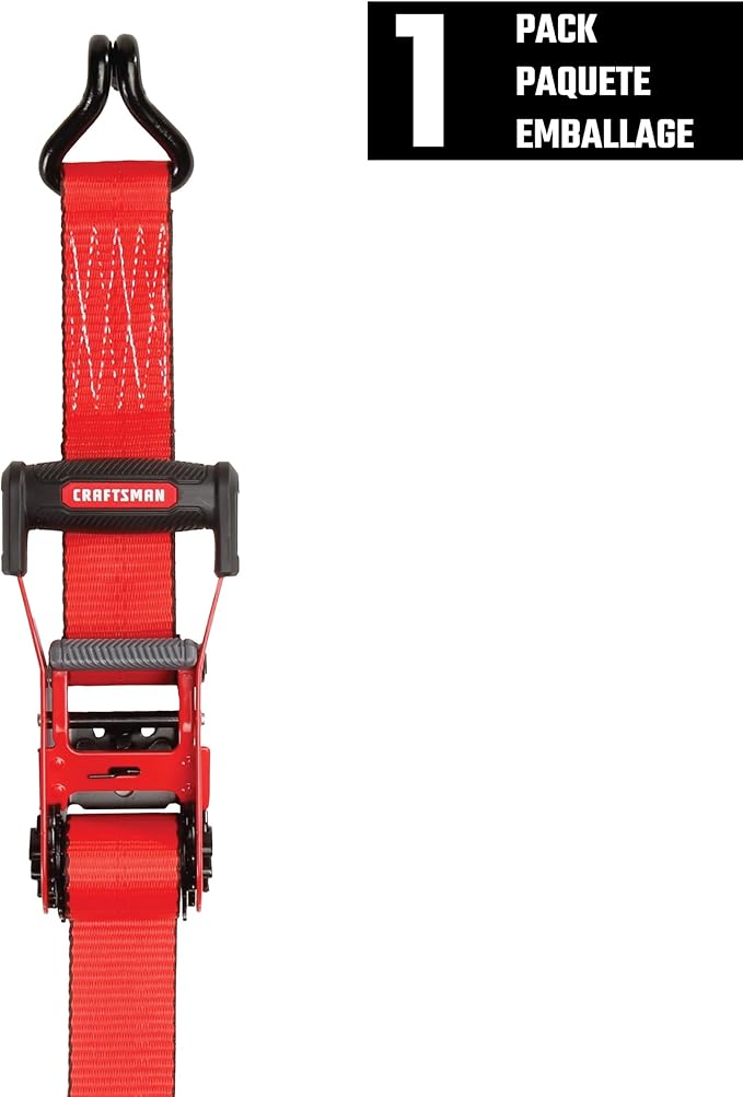 CRAFTSMAN CMXAZBS10000J Black/Red 2" x 27' Ratchet Tie Down Strap with Double J Hook - Heavyweight/Industrial Duty (10,000 lb Break Strength)