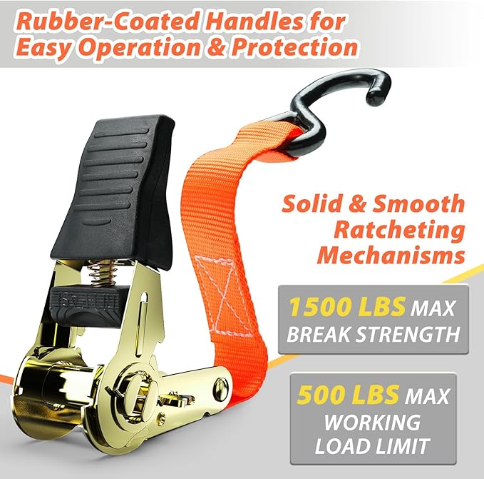 Ratchet Tie Down Strap 8-Pack 15 Ft - 500 lbs Load Cap with 1500 lbs Breaking Limit, Ohuhu Ratchet Tie Downs Logistic Cargo Straps for Moving Appliances, Motorcycle, Orange