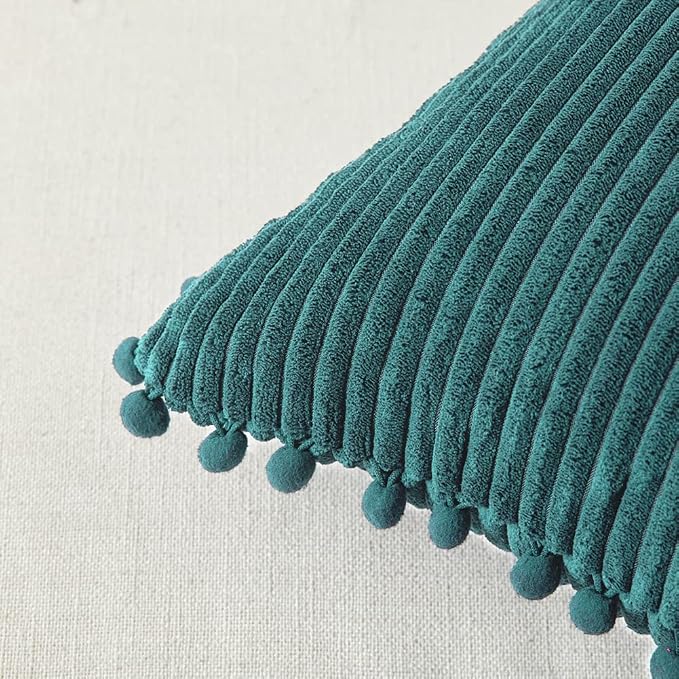 Fancy Homi 2 Packs Teal Decorative Throw Pillow Covers 20x20 Inch with Pom-poms for Living Room Couch Bedroom, Soft Corduroy Solid Square Cushion Case 50x50 cm, Rustic Farmhouse Home Decor