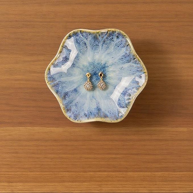 2Pcs Ceramic Jewelry Dish - Lotus Leaf Shape, for Ring Holder Necklace Small Key, Suitable for Mother Friend Sister, Gifts for Women, Cute Plate Trinket Tray, Home Decor (Light Blue-2PCS)