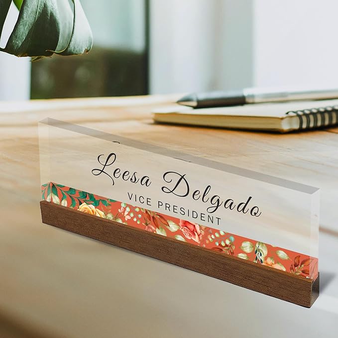 Artblox Personalized Office Desk Name Plate and Business Card Holder | Clear Acrylic Glass with Teak Wood Stand | Flower Stripe Design Customized with Your Name and Credentials Office Desk Décor