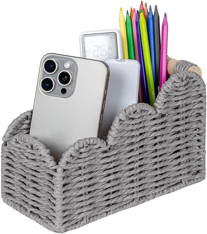 CubesLand Bedside Table Desk Organizer Caddy, Remote Pen&Pencil Holder Cup | Makeup Brush Holder w/Scalloped Perfect for Home, Office Desk, Living Room Table Decor, 3 Slots Grey