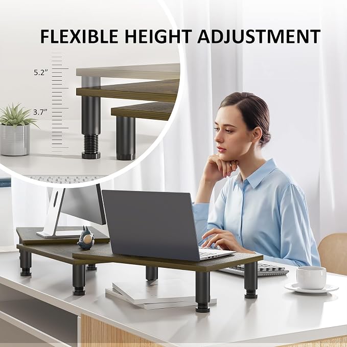 AX WABER Dual Monitor Stand Riser, Monitor Stand with Adjustable Length and Angle, Wood Monitor Stand for Desk, Monitor Riser for 2 Monitors with Storage Space