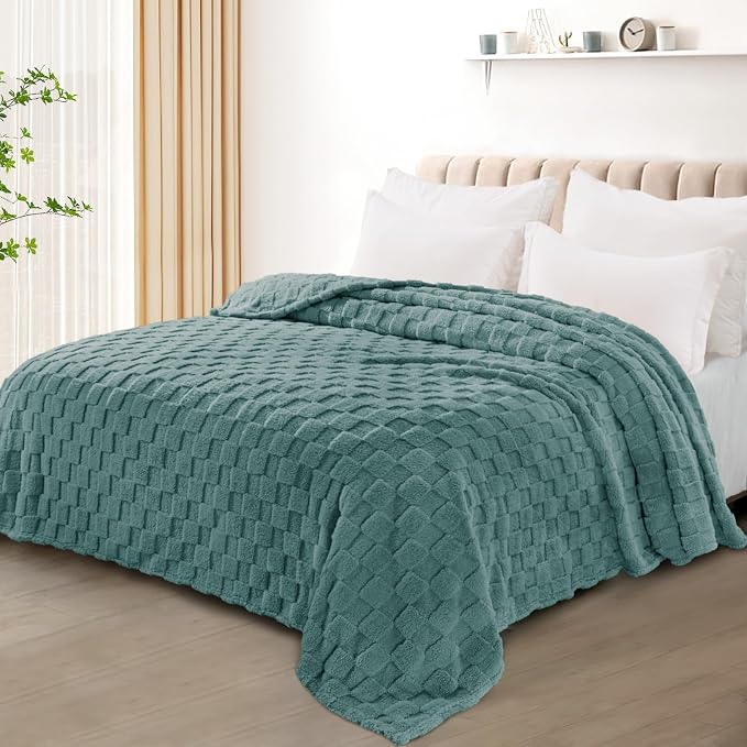 Exclusivo Mezcla 3D Checkered Fleece Twin Blanket for Bed, Celadon | Super Soft and Cozy Fluffy Bed Blanket, Cute Fuzzy Blanket for Teens Back to School, Dorm Essentials, All Season, 60"x80"