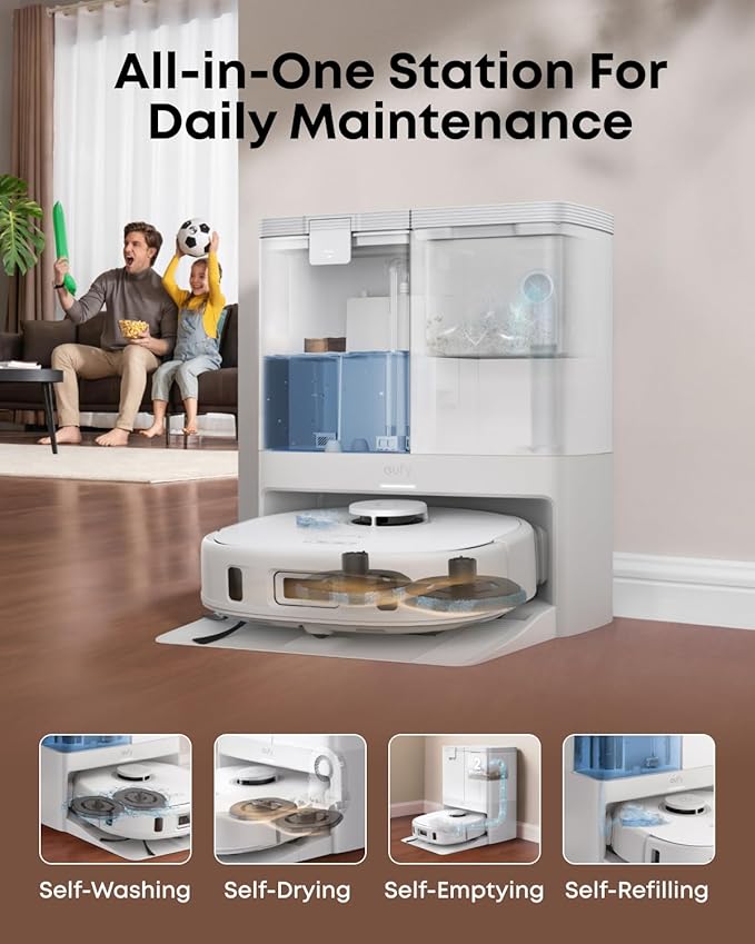 eufy X10 Pro Omni Robot Vacuum and Mop, Dual Mops, 12 mm Auto-Lift, White | 8,000 Pa Suction, Carpet Detection, AI Obstacle Avoidance, Auto Mop Washing & Drying, Self-Emptying Station