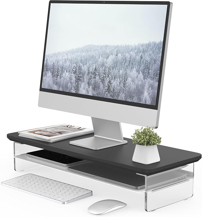 Fenge 23.6" Monitor Stand with Clear Acrylic Legs, Black | Clear acrylic, storage compartment, 2-tier home office monitor riser, wide large desktop shelf fit monitor/laptop/printer