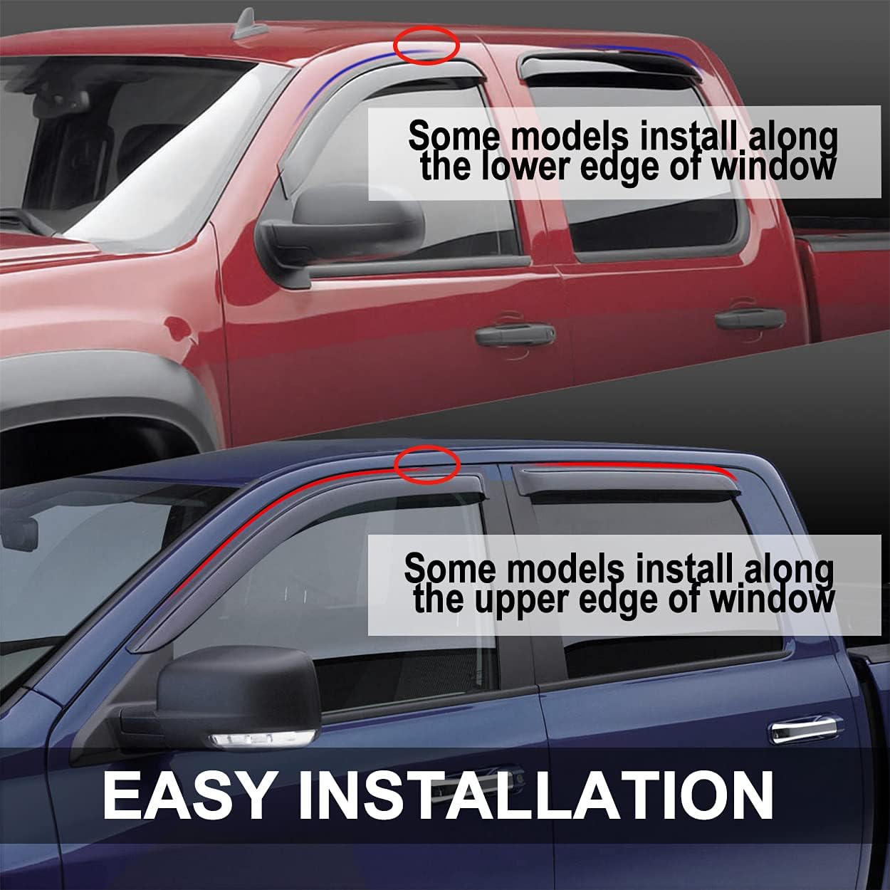 94155 Side Window Wind Visor Vent Deflector fit for Ford F-150 2009-2014 SuperCrew/Crew Cab, 4pcs Out-Channel Tape On Dark Smoke Nice Sun Rain Guards Set
