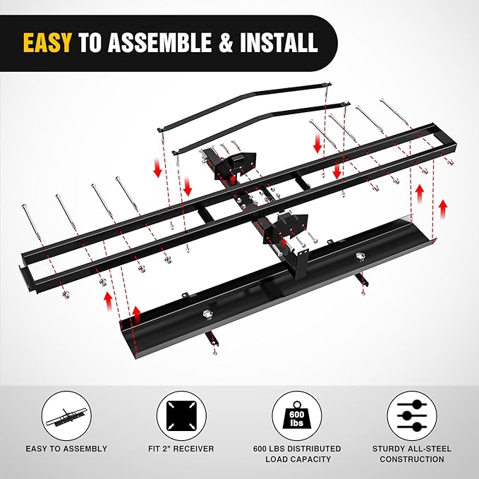 Nilight Motorcycle Hitch Carrier 600LBS, Heavy Duty Dirt Bike Hitch Hauler with 55.11" Longer Ramp, Pin, Tie-Down Strap and Tightener, 2" Receiver, 5" Wide Tire
