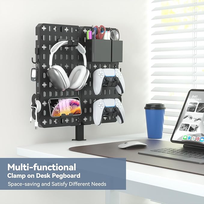 KDD 7 in 1 Clamp-on Desk Pegboard - No Drill Desk Side Storage with Phone Stand/Pen Holder/Storage Box/Headset & Controller Holder/Hooks, Detachable Gaming Pegboard for Office & Home Desktop Organizer