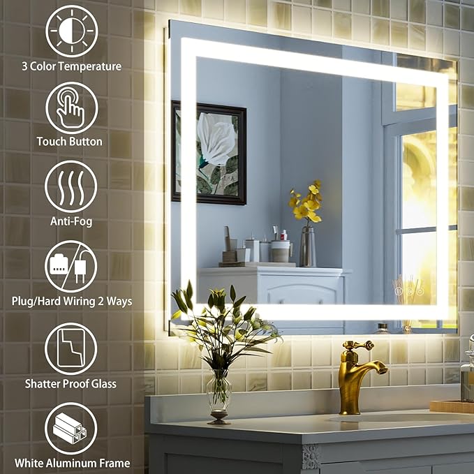 30'' x 40'' LED Bathroom Mirror with Lights, Wall Mirror with Front and Backlight, 3 Colors Vanity Mirror with Lights, Anti-Fog Wall Mirror for Bathroom