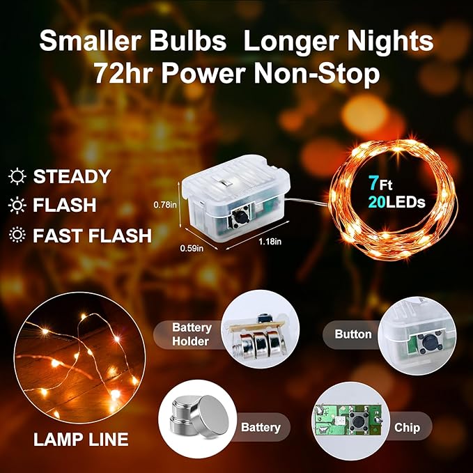 Aogist 12 Pack Fairy Lights 3 Modes 7ft 20 LED Waterproof,Battery Operated Silver Wire Firefly Starry Moon Mini String Lights for Mason Jars Christmas DIY Crafts Wedding Party Bedroom,Orange