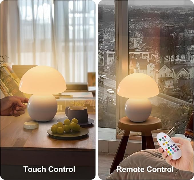 Cordless Cute Mushroom Lamp with Remote Control, 9 RGB, Cordless Lamps for Tables, 3 Color Temperature, Stepless Dimmable, Timer, Memory, Unique Aesthetic Home Decor for Living Room (White)