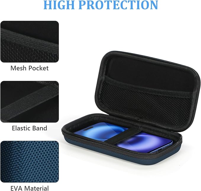 Hard EVA Protective Case - GLCON Portable Storage Case for Charging Cable, Power Bank, Hard Drive, Cell Phone, External Battery - Small Travel Case Mesh Inner Pocket + Zipper Enclosure (Grey Blue)