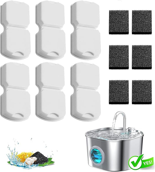 Cat Water Fountain Filter Replacement: 6Pack Pet Fountain Filters of 6 Carbon Filters & 6 Sponges - Use for HOOISE 74oz Automatic Pet Fountain Cat Water Dispenser S15