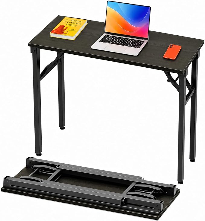 Folding Table Computer Desk - 35.8" No Assembly Folding Desk Design and Foldable Office Desk, Small Desk for Bedroom, Compact Storage Portable Use for Dorm and RV Small Space, Dark Oak