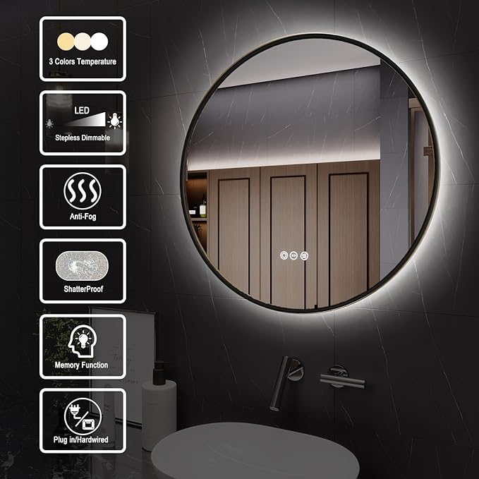 Round Bathroom Mirror with Lights, 36x36 Inch Vanity Mirror with Backlit, Anti-Fog, 3 Colors and Stepless Dimmable Wall Mounted Makeup Mirror with Metal Frame (Black)