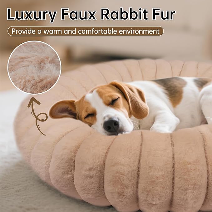 Donut Dog and Cat Bed, Luxurious Comfortable Faux Rabbit Fur Pet Beds, Round Anti-Anxiety Calming Puppy Kitten Bed with Anti-Slip Bottom for Small Medium Dogs & Cats(28", Brown)