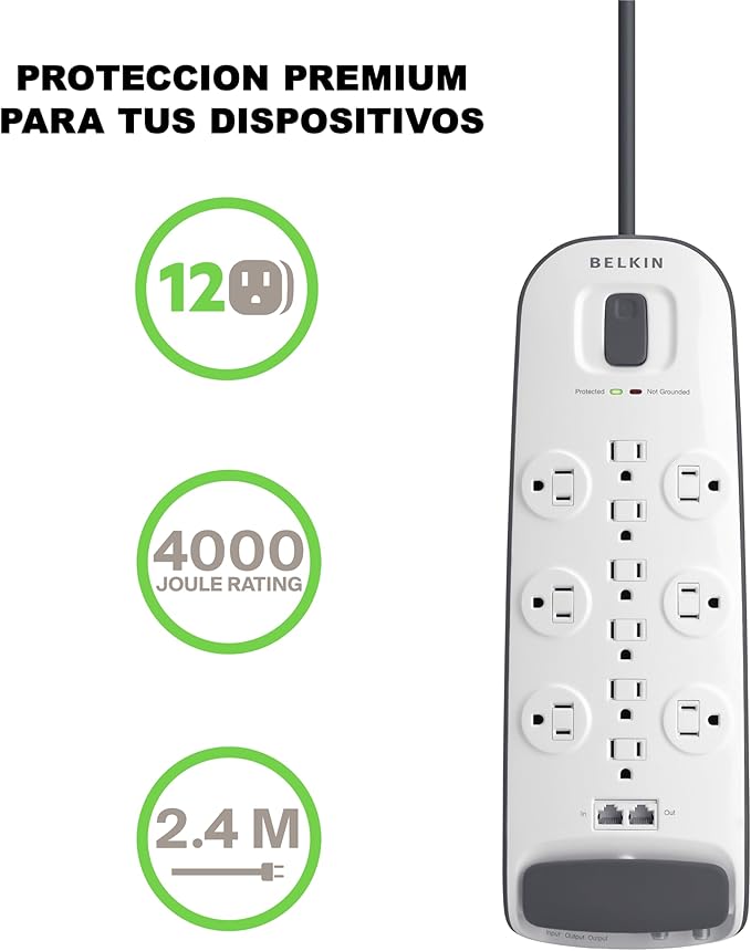 Belkin Power Strip Surge Protector - 12 AC Multiple Outlets, Ethernet & Cable Protection - 8 ft Long Extension Cord for Home, Office, Travel, Computer Desktop & Phone Charger - 3996 Joules, White