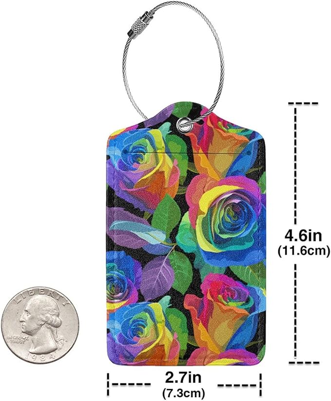 Rainbow Rose Flowers Luggage Tag for Women Girls, Sport Suitcase Tag Leather Travel Baggage Identifiers Tags with Full Back Privacy Name ID Card Set of 2