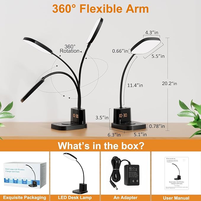 10W Wireless Charging LED Desk Lamp with Clock, Light Black | CRI 95, 800LM, Stepless Dimming, 3 Modes, 360°Flexible Arm, Touch, Study Table Lamp for Home Office, Dorm Room, with Adapter