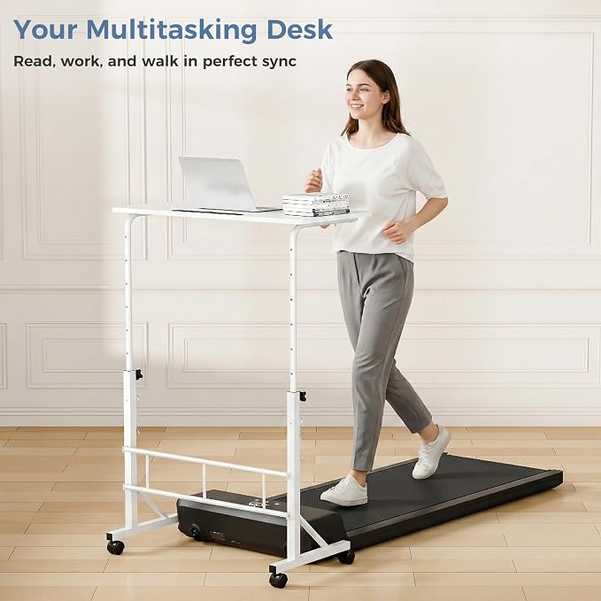 DUMOS 31.5" Walking Pad Desk, Laptop Desk, Home Office | Lockable Wheels, Adjustable Height, Portable Rolling Design, Treadmill Use, Stand Up Style, White