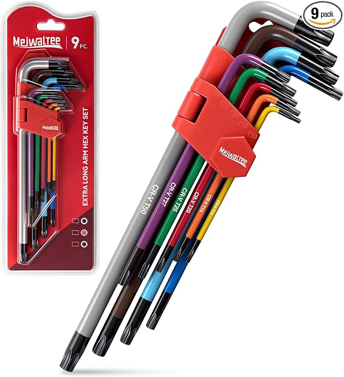 Meiwaltee 9PCS Torx Star Allen Wrench Set, Extra Long Arm Star Key Set T10 - T50, Cr-V Steel, Color-Coded Anti-Slip Wrenches For Bike Repair, Furniture Assembly, Motorcycle Maintenance, DIY Project.