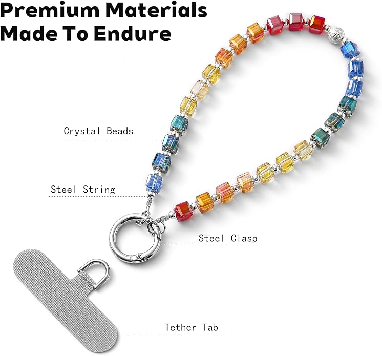 Phone Charm with Beaded Crystals, Anti-Theft Phone Strap, Hands-Free & Detachable Cellphone Lanyard, Cellphone Chain Wristlet with Tether Tab